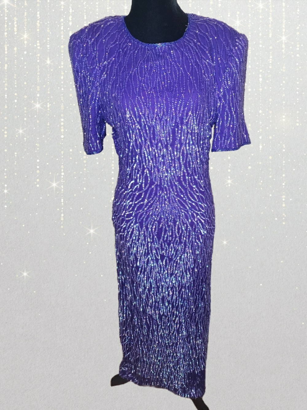 Laurence Kazar Vintage 80s Purple Silk Sequin Full-Length Formal Dress Size L